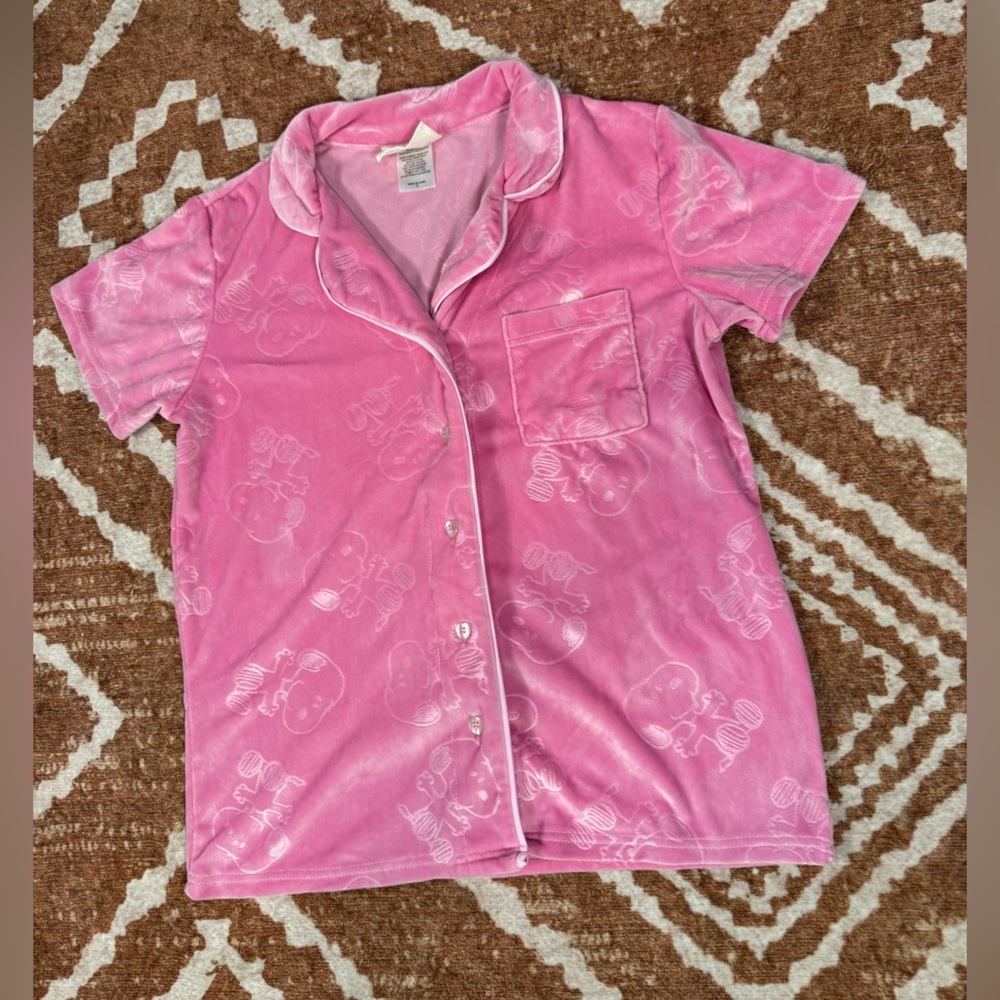 Munki Munki pink soft velour Peanuts Snoopy pajama top heart-shaped buttons sm